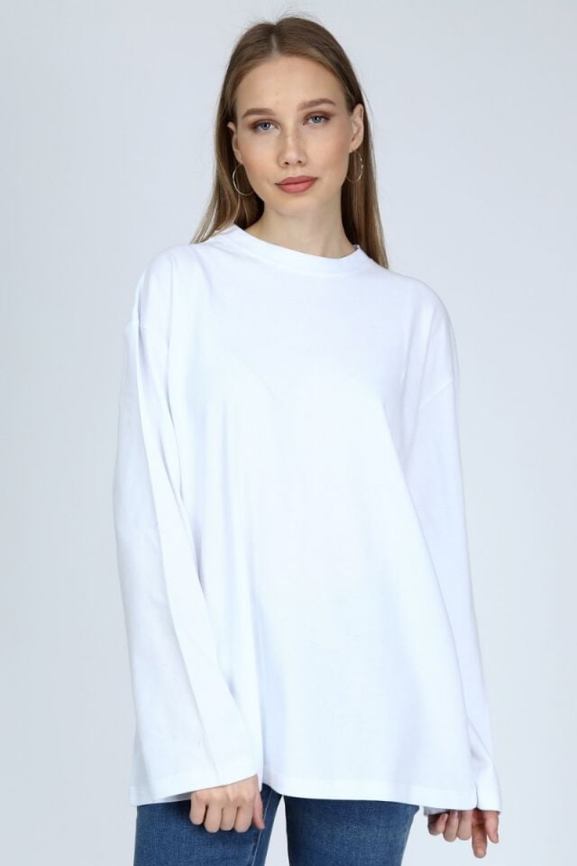 Clasy Lacost Kumaş Uzun Kollu Oversize T-shirt- Beyaz