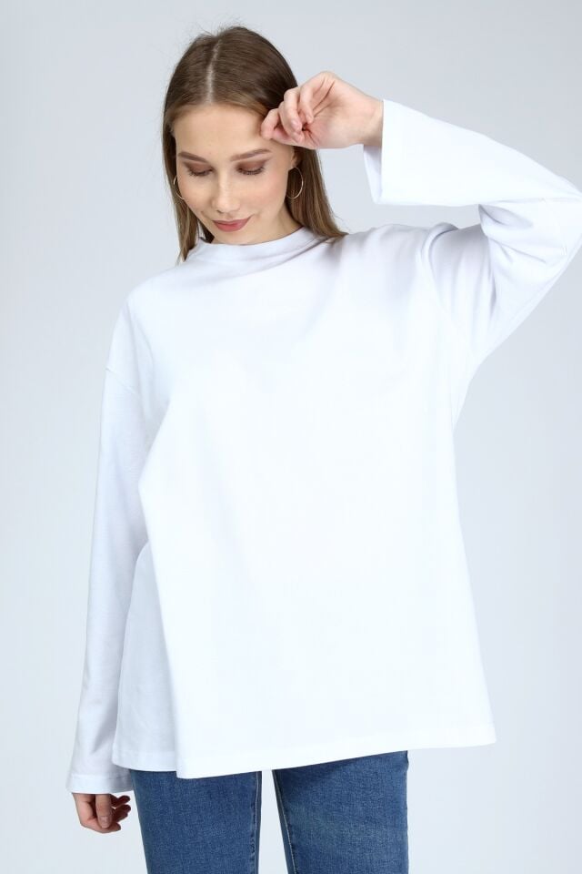 Clasy Lacost Kumaş Uzun Kollu Oversize T-shirt- Beyaz
