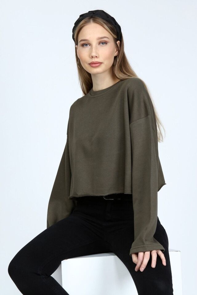 Kadın Basic Sweatshirt- Haki