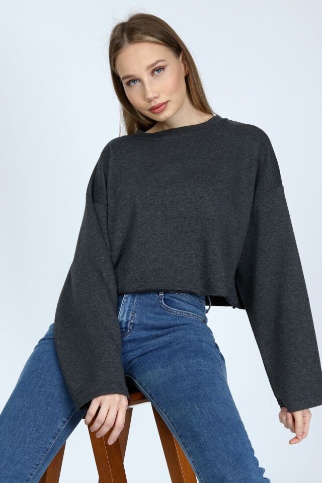 Kadın Basic Sweatshirt- Antrasit Gri