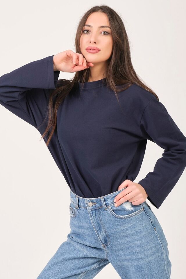 Clasy Lacost Kumaş Uzun Kollu Bisiklet Yaka Basic Oversize T-shirt- Lacivert