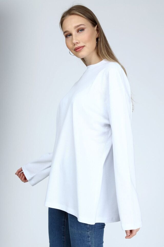 Clasy Lacost Kumaş Uzun Kollu Bisiklet Yaka Basic Oversize T-shirt-Beyaz