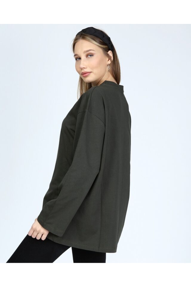 Plume Kadın Uzun Kollu Bisiklet Yaka Basic Oversize T-shirt -Haki