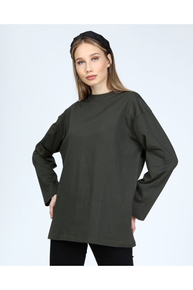Plume Kadın Uzun Kollu Bisiklet Yaka Basic Oversize T-shirt -Haki