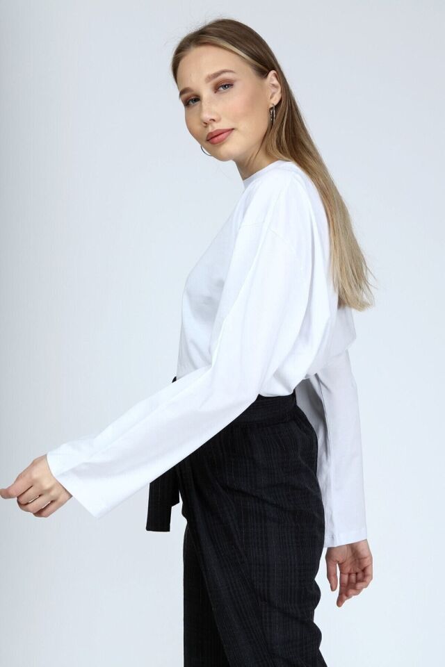 Plume Kadın Antrasit Gri Uzun Kollu Bisiklet Yaka Basic Oversize T-shirt Beyaz