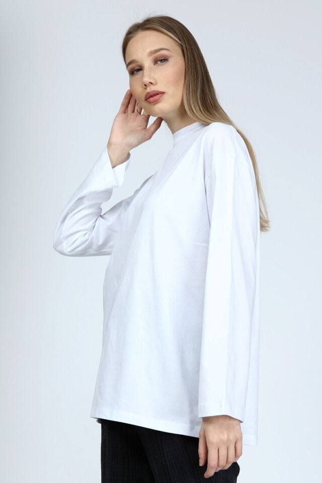 Plume Kadın Antrasit Gri Uzun Kollu Bisiklet Yaka Basic Oversize T-shirt Beyaz