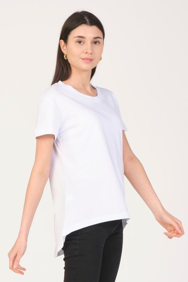 Angela Kadın Beyaz %100 Pamuk Arkası Uzun Comfort-fit T-shirt
