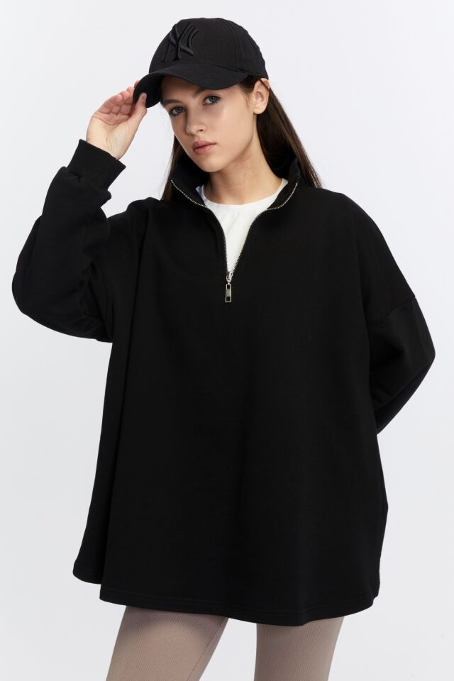 Jery Kadın Siyah %100 Pamuk Dik Yaka Yarım Fermuarlı Oversize Sweatshirt - Siyah