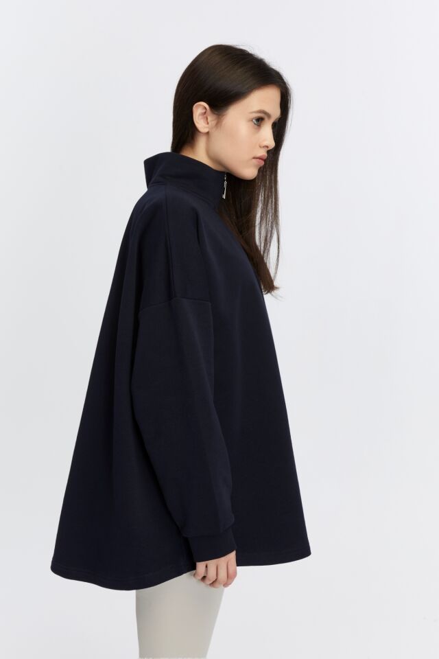Jery Kadın Lacivert %100 Pamuk Dik Yaka Yarım Fermuarlı Oversize Sweatshirt - Lacivert
